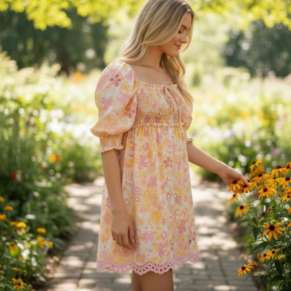 Avantlook Smocked Floral Puff Sleeve Babydoll Mini Dress Cottagecore Size Medium